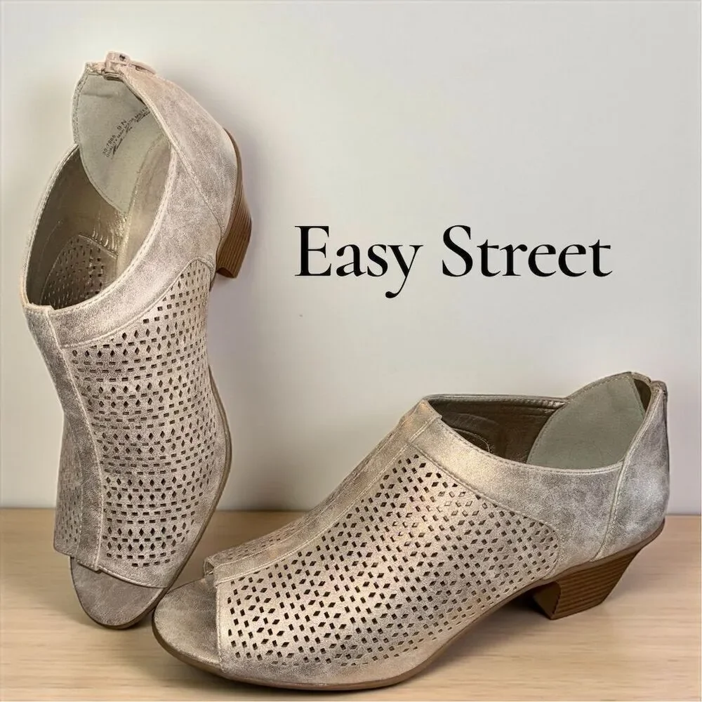 Easy Street Women's Metallic Gold Peep Toe Zipper Back Ankle Booties Size 9N